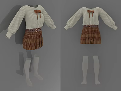 White Bow Detail Sweater And Brown Plaid Pleated Skirt Outfit With Belt Knee High Socks 3d model
