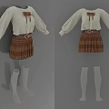 White Bow Detail Sweater And Brown Plaid Pleated Skirt Outfit With Belt Knee High Socks