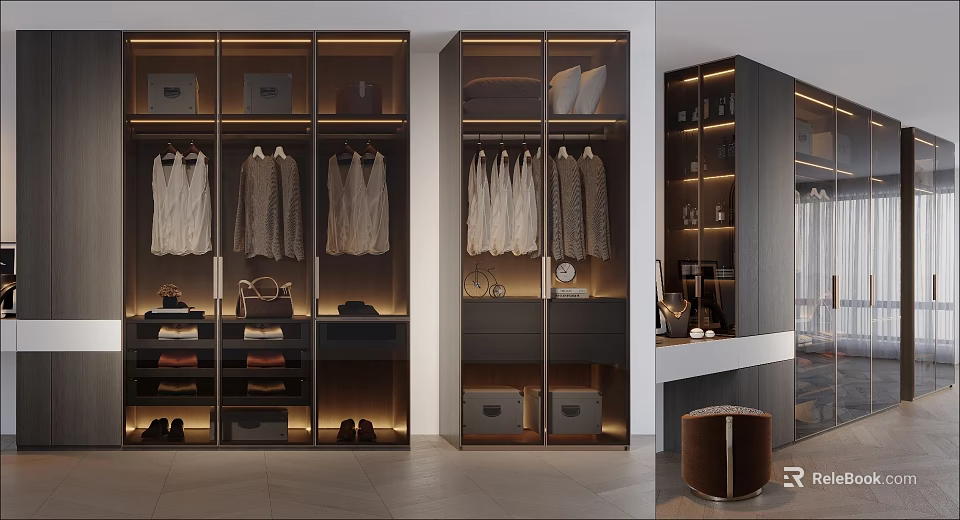 Modern Wardrobe Design With Glass Doors Hanging Rods Storage Drawers And Built-in Lighting 3d model 
