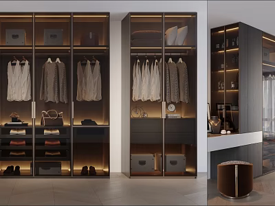 Modern Wardrobe Design With Glass Doors Hanging Rods Storage Drawers And Built-in Lighting 3d model