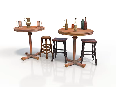 Rustic Indoor Setup Featuring Wooden Round Tables Stools And Decorative Bottles Containers 3d model