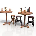 Rustic Indoor Setup Featuring Wooden Round Tables Stools And Decorative Bottles Containers