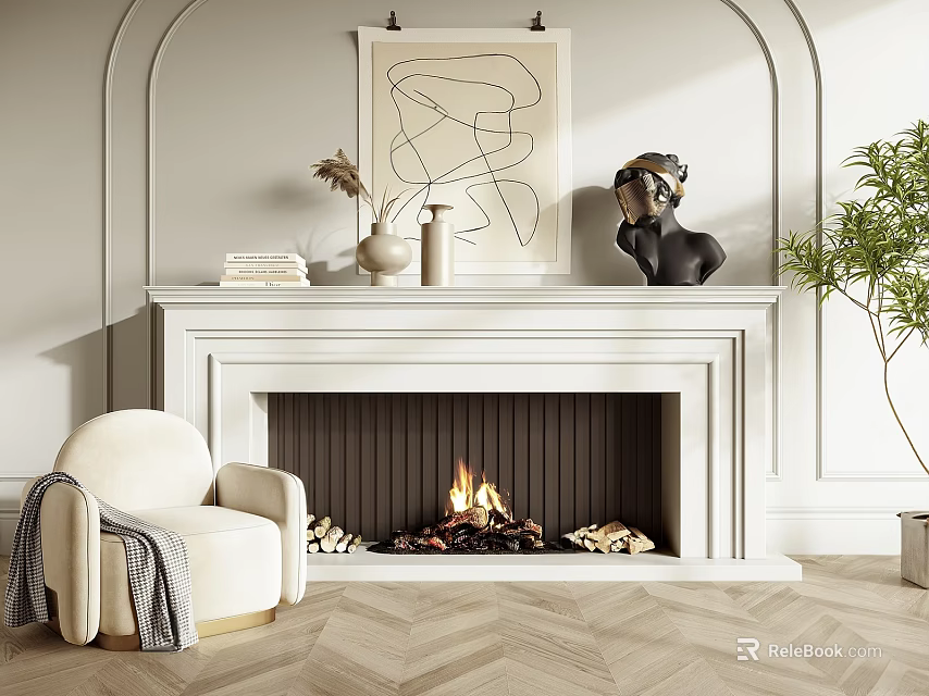 Cozy White Fireplace With Beige Armchair Gray Blanket Abstract Painting Green Plant Herringbone Wooden Floor 3d model 