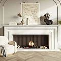 Cozy White Fireplace With Beige Armchair Gray Blanket Abstract Painting Green Plant Herringbone Wooden Floor