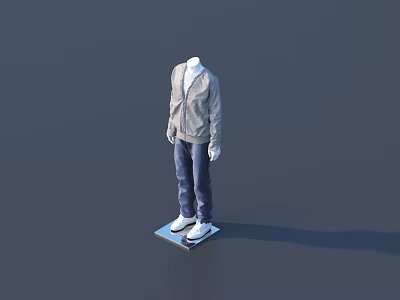 Mannequin with gray jacket dark blue pants white shoes on blue platform against dark background 3d model