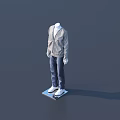 Mannequin with gray jacket dark blue pants white shoes on blue platform against dark background