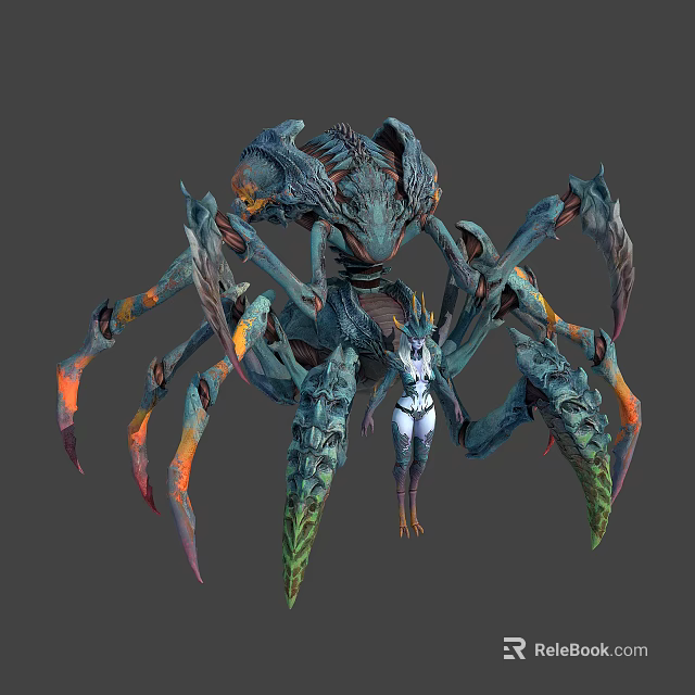 White Clothed Female Character With Giant Multi Limbed Monster Having Colorful Limb Tips And Exoskeleton 3d model 