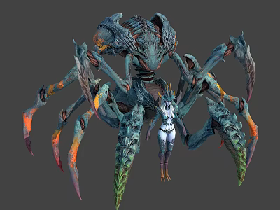 White Clothed Female Character With Giant Multi Limbed Monster Having Colorful Limb Tips And Exoskeleton 3d model