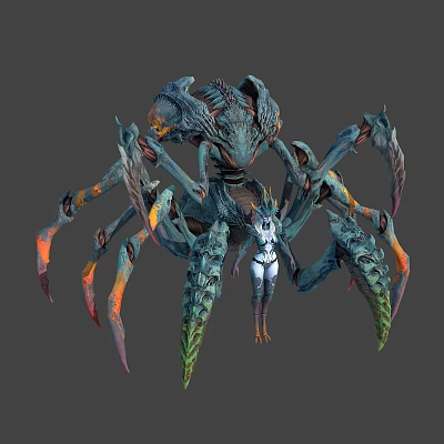 White Clothed Female Character With Giant Multi Limbed Monster Having Colorful Limb Tips And Exoskeleton 3d model