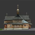 Traditional Wooden Building With Golden Dome Multiple Sloped Roofs Green Lawn And Paved Ground