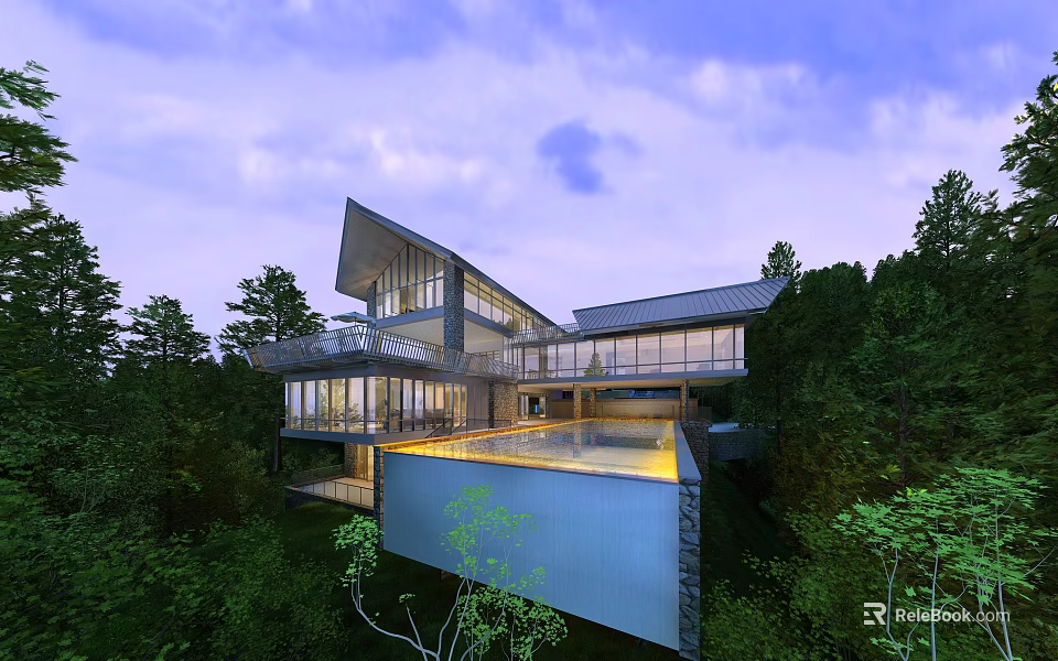 Modern Detached Villa Surrounded by Trees With Swimming Pool and Large Glass Windows 3d model 