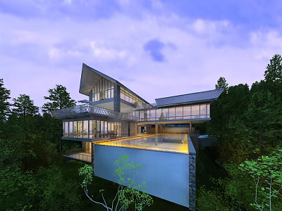 Modern Detached Villa Surrounded by Trees With Swimming Pool and Large Glass Windows 3d model
