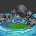 Cartoon Scene Featuring Rocks Blue Water Central Fountain And Green Grass