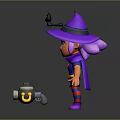Witch Character with Purple Hat and Black Cat in Blue Outfit and Red Striped Socks
