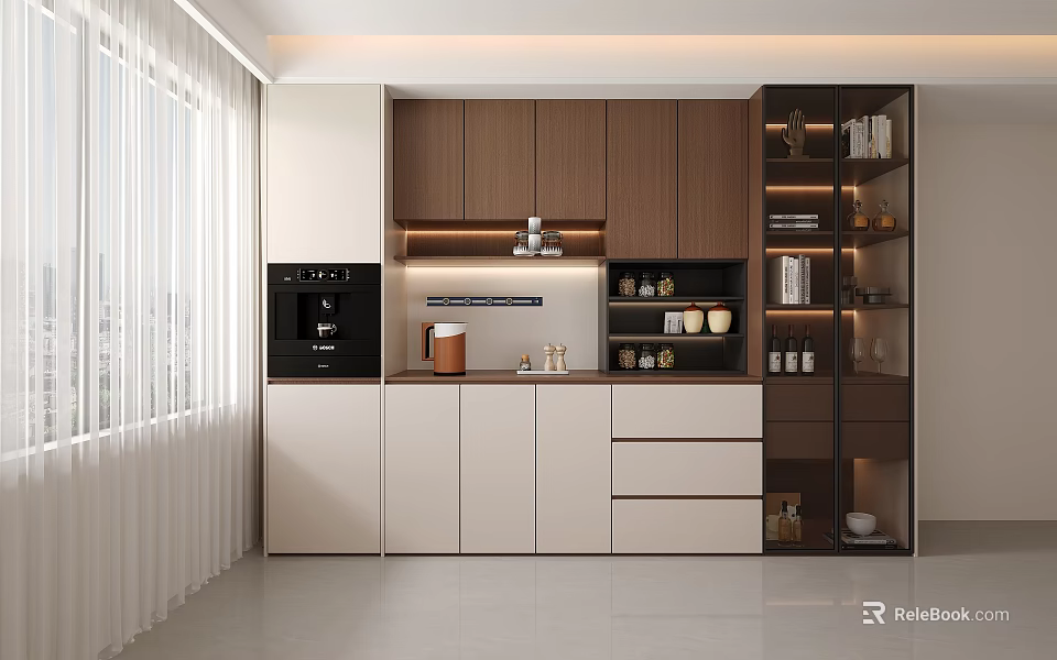 Modern White And Wood Sideboard With Coffee Machine Drawers Cabinets Open Shelves And Decorations 3d model 