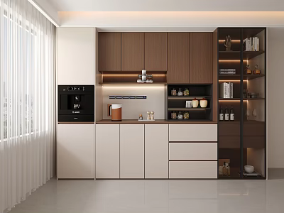 Modern White And Wood Sideboard With Coffee Machine Drawers Cabinets Open Shelves And Decorations 3d model