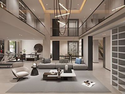 Modern Basement Design With Sofa Fitness Zone And Lighting 3d model