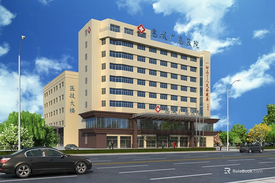 Exterior View Of Modern Multi Storey Hospital Building With Glass Windows Trees And Road 3d model 