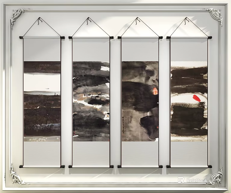 Four Modern Abstract Paintings Hanging On White Wall With Black White Gray Tones Red Accent 3d model 