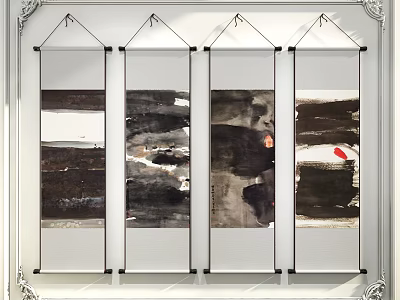 Four Modern Abstract Paintings Hanging On White Wall With Black White Gray Tones Red Accent 3d model