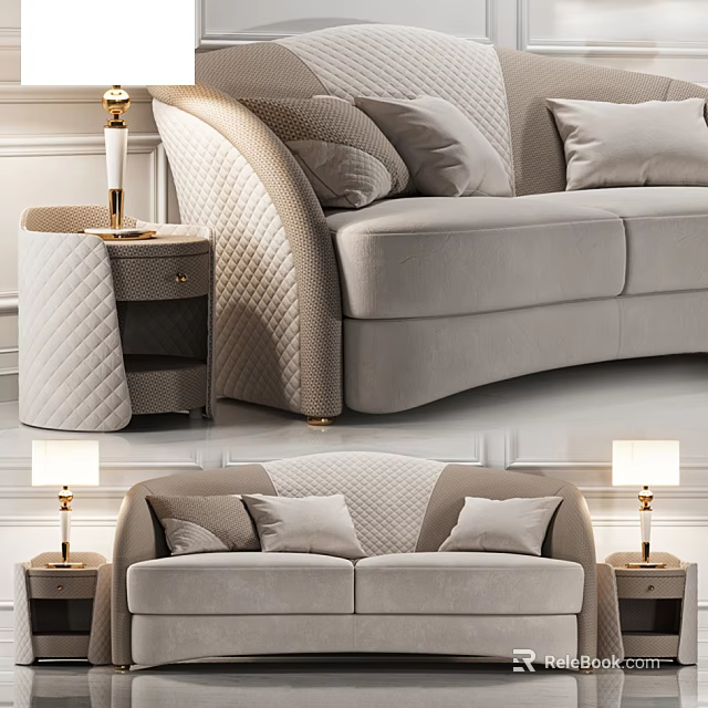 Modern Beige Two-Seater Sofa With Quilted Details Side Table And Table Lamp 3d model 
