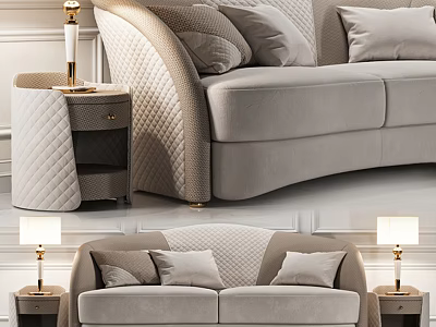 Modern Beige Two-Seater Sofa With Quilted Details Side Table And Table Lamp 3d model
