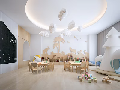 Kindergarten Classroom Interior With Cloud Ceiling Decor Wooden Tables Chairs And Building Blocks 3d model