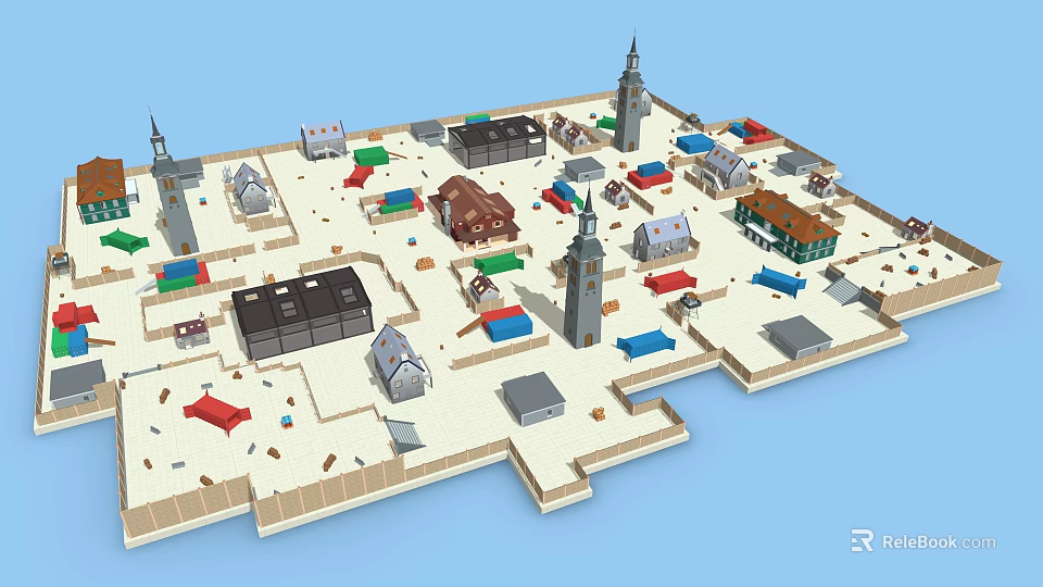 Ancient Town Architectural Layout With Historical Buildings Towers And Traditional Houses 3d model 