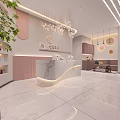 Modern Beauty Hair Salon With Reception Desk Product Shelves Elegant Chandelier And Professional Care Services