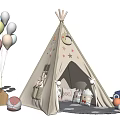 Kids Teepee Tent with Moon and Star Patterns Stuffed Toys and Colorful Balloons Around