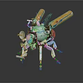 Futuristic Mechanical Insect With Orange Propellers And Colorful Head Lights On Reflective Surface
