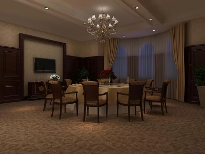 Elegant Private Dining Room Interior Design With Chandelier Dining Table Chairs TV And Curtains 3d model