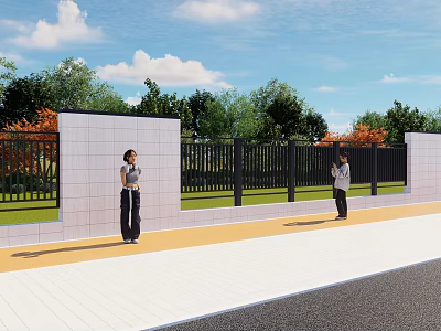 Outdoor Feature Wall Design With White Tiles Green Trees And Black Fence 3d model