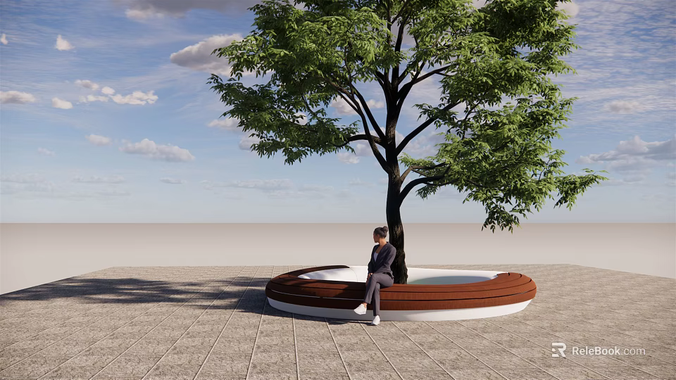 Circular Wooden Landscape Seat With Large Tree And Seated Person Under Blue Sky 3d model 