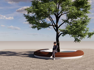Circular Wooden Landscape Seat With Large Tree And Seated Person Under Blue Sky 3d model