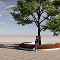 Circular Wooden Landscape Seat With Large Tree And Seated Person Under Blue Sky