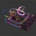 Futuristic Tactical Weapon Featuring Green Metallic Body Attached Cables And Orange Logos