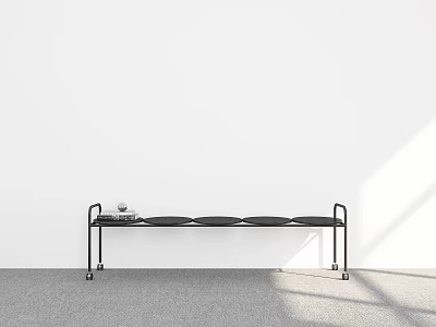 Modern Black Metal Shelf with Circular Trays Against White Wall and Gray Carpet 3d model