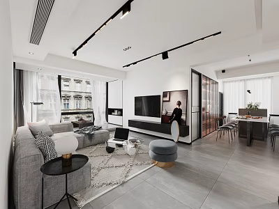 Modern Living and Dining Room Interior With Gray Sofa Rug TV Wall And Dining Table 3d model