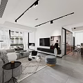 Modern Living and Dining Room Interior With Gray Sofa Rug TV Wall And Dining Table