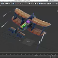 Cartoon Fighter Jet With Wooden Wings Green Engine Purple Pink Lights Flying With Speed Lines