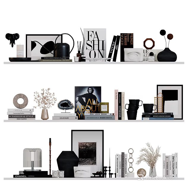 Elegant Decorative Ornaments and Figurines on Shelves with Books Framed Art and Vases 3d model 