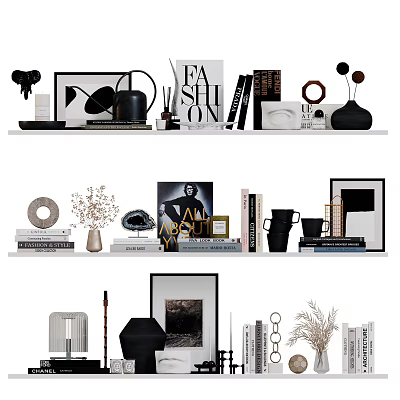 Elegant Decorative Ornaments and Figurines on Shelves with Books Framed Art and Vases 3d model