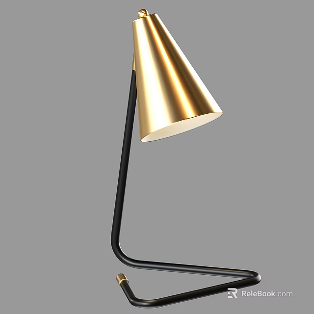 Modern Table Lamp With Gold Cone Shade And Black Curved Pole Design 3d model 
