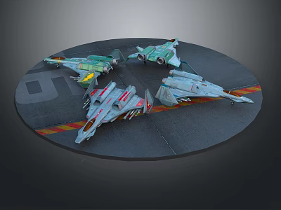 Four Differently Designed Various Colored Model Aircraft on Circular Platform with Yellow Red Stripes 3d model