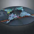 Four Differently Designed Various Colored Model Aircraft on Circular Platform with Yellow Red Stripes
