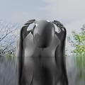 White Human Sculpture Head Bowed With Hand Resting On Greenery And Water Reflection Background