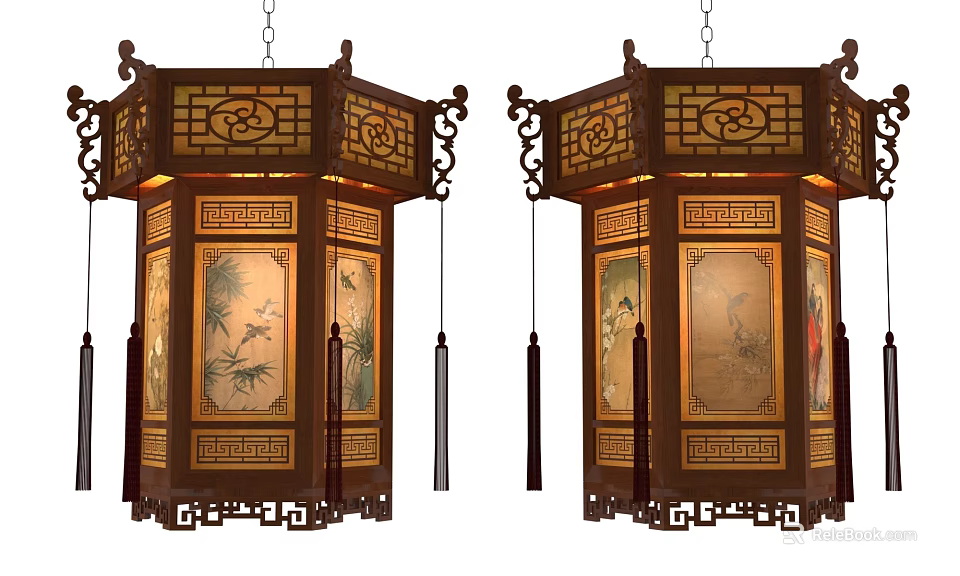 Traditional Chinese Lanterns With Wooden Frame Carved Decorations And Painted Panels 3d model 