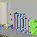 Stainless Steel Piping System with Blue Valves and Adjacent Storage Tank and Black Cabinet