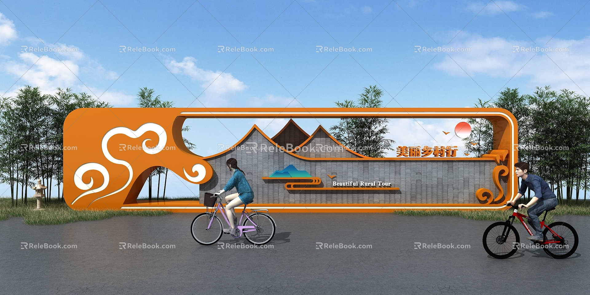 Chinese-style Bamboo Lawn Yunshan Riding Bicycle Figure Riding Advertising Wall Display Board Garden Landscape 3d model